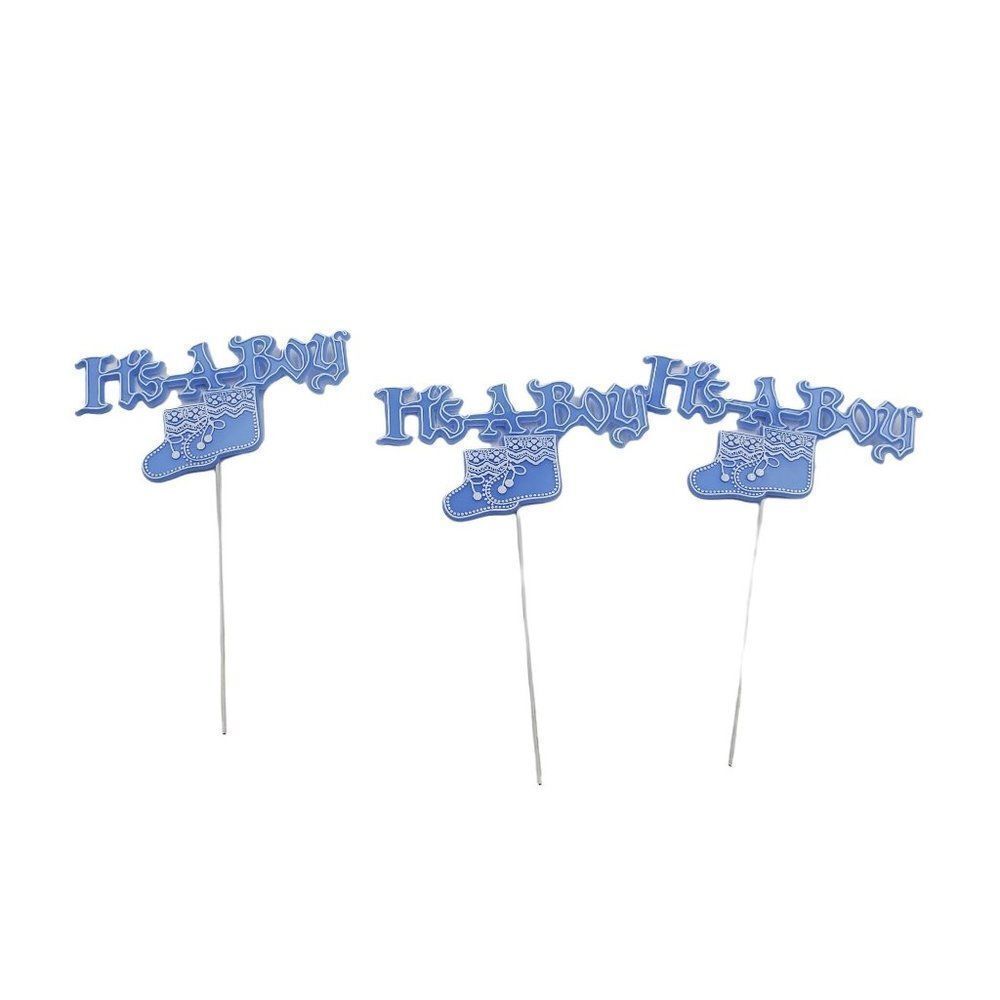 Vintage It's A Boy Pick With Metal End Craft Floral Blue 6.5" Baby Lot Of 3